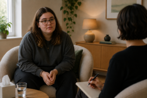 Client talking with a psychotherapist during a therapy session about depression