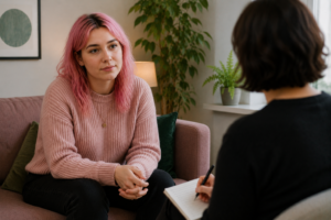 Client talking with a psychotherapist during a therapy session about relationship difficulties